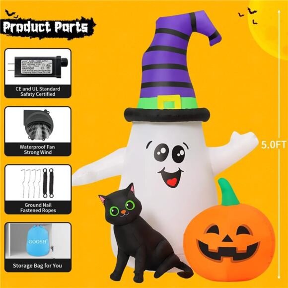 GOOSH 5 FT Halloween Inflatables Ghost Outdoor Decorations Blow Up Yard Cute - Picture 6 of 7